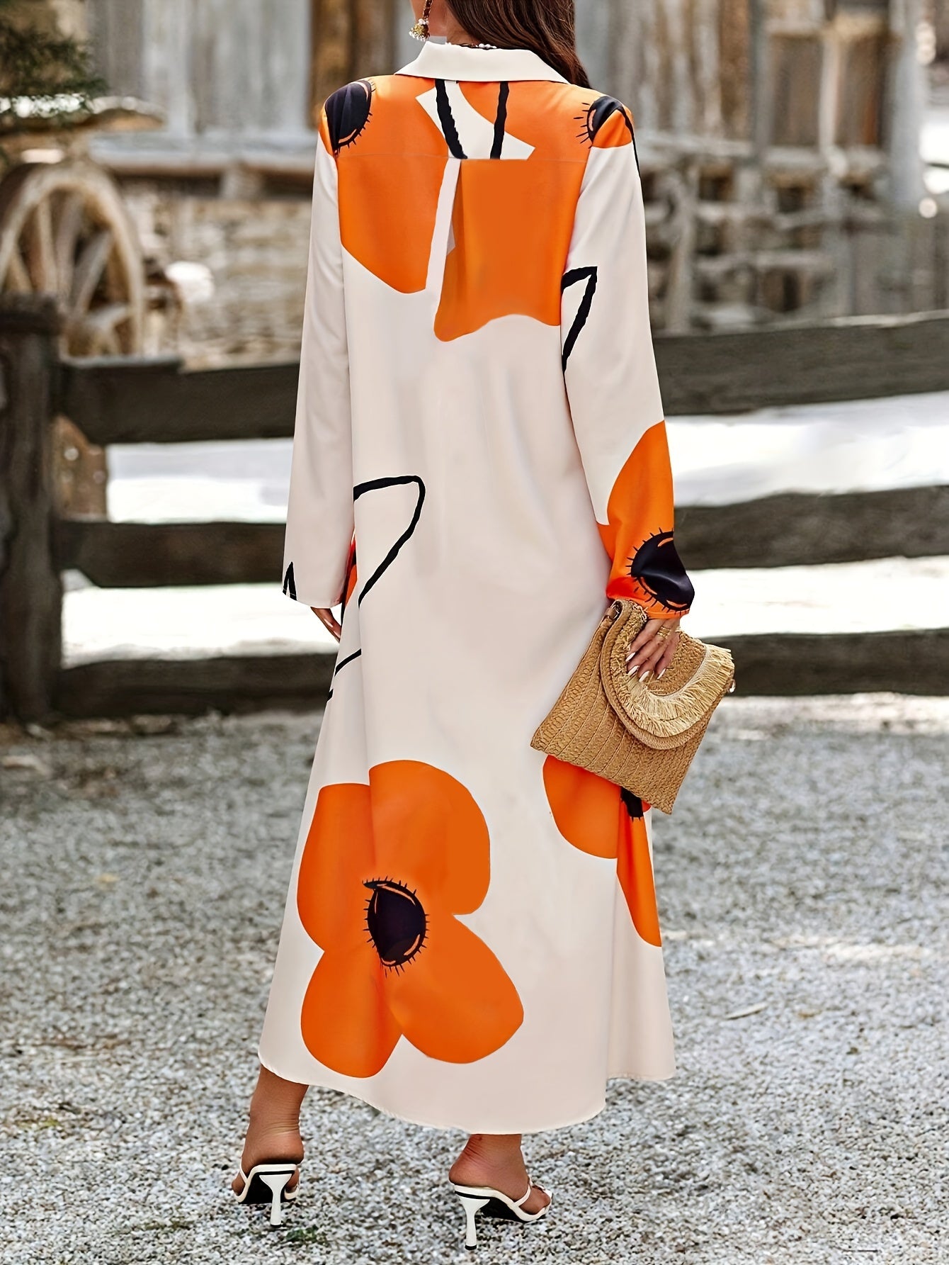 Elegant Floral Print Button-Up Long Dress - Casual Long Sleeve, Loose Fit with Lapel Collar for Women, Elegant Style, Four Seasons